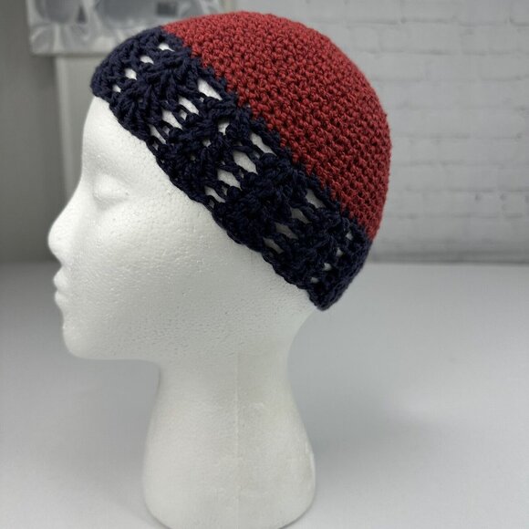Handmade New Matilda Hobbii Friends Cotton Silk in Deep Red Navy Knit Beanie-S/M - Picture 3 of 9